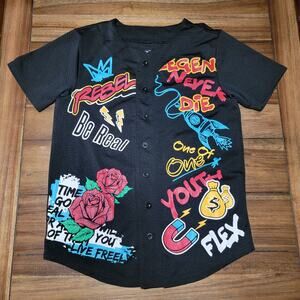 Rue 21 Black Unisex Mesh Full Button Top w/ "Rebel" Graffiti - Size Small